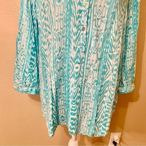 Grand & Greene Tunic Top Large Teal White 3/4 Length Sleeves 1/4 Button-Up Rayon - Picture 5 of 15